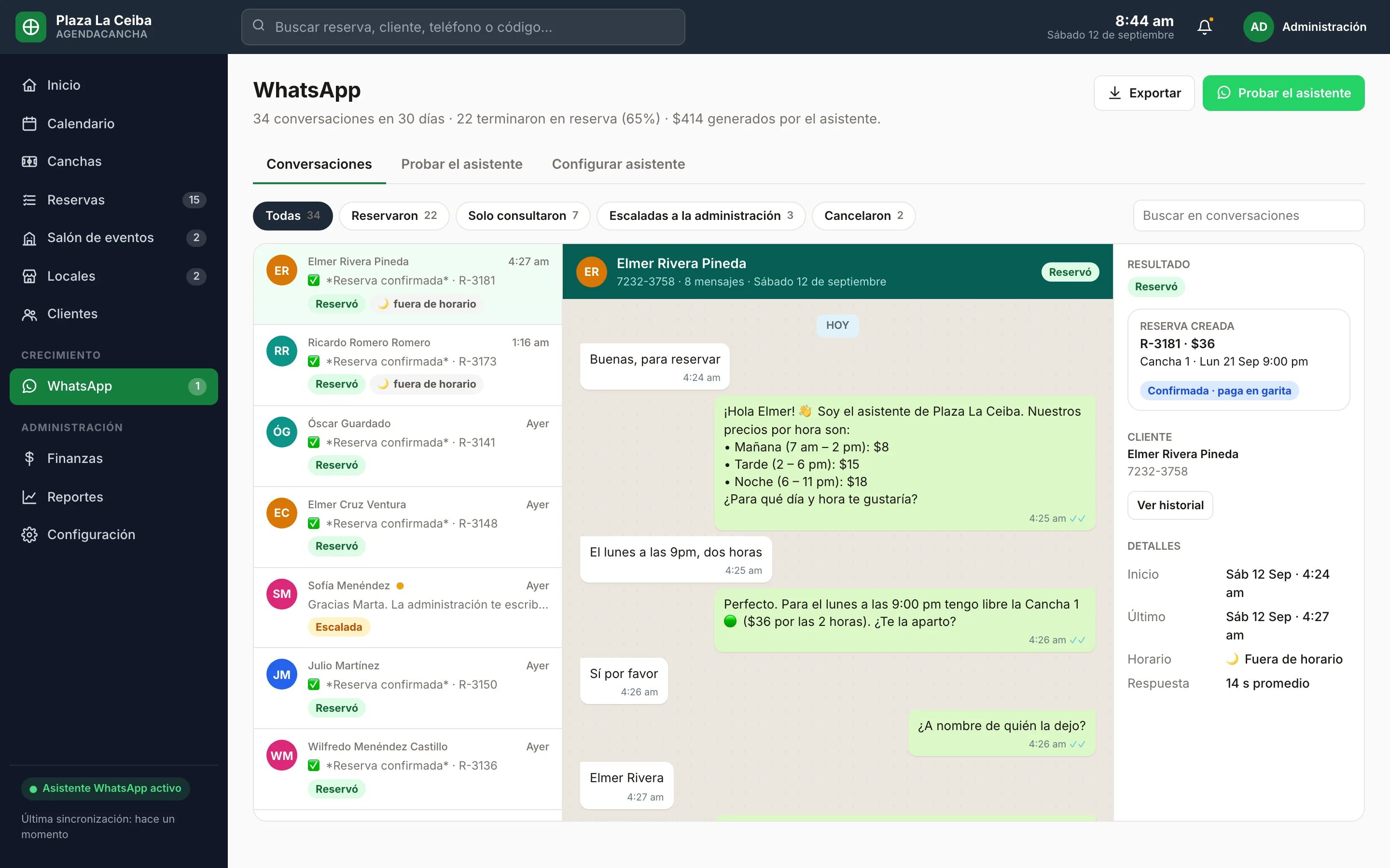 Bandeja de WhatsApp en el panel: 34 conversaciones en 30 días, 22 terminaron en reserva